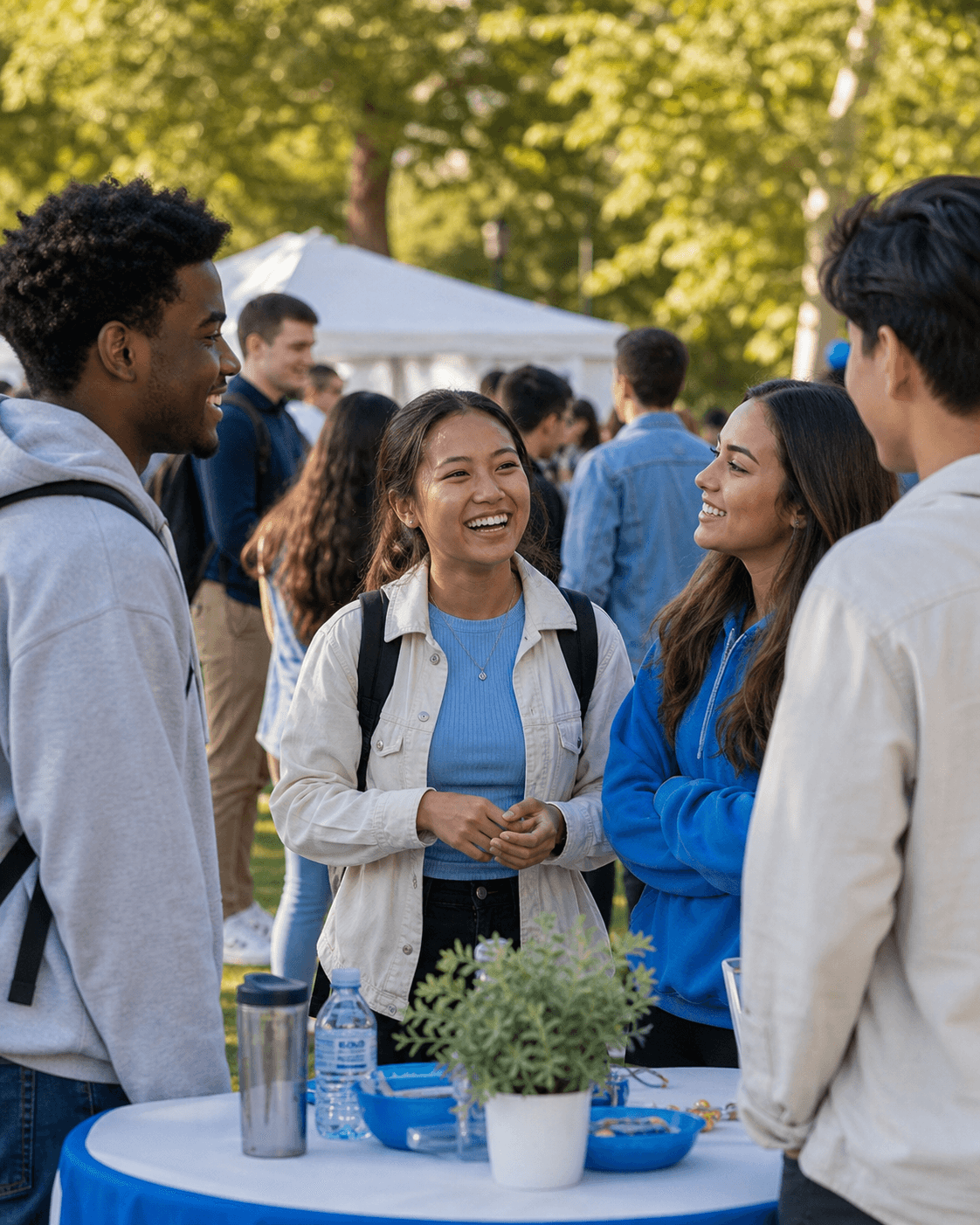 Students talking together at an outdoor campus club gathering