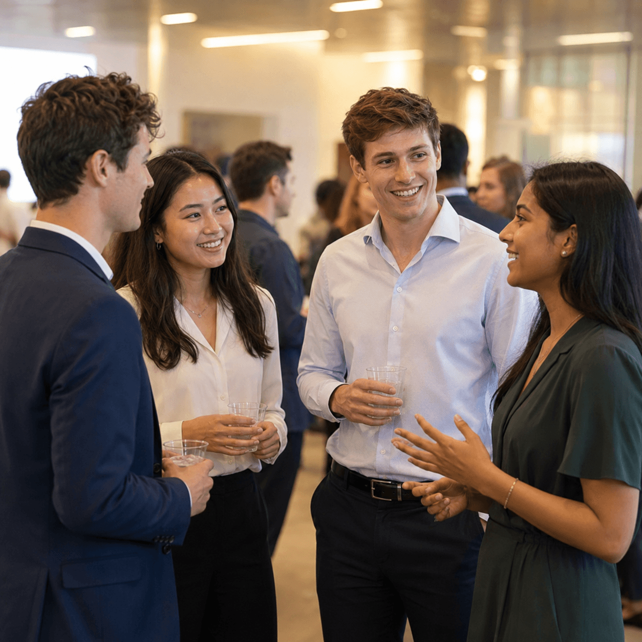 Early-career professionals talking at an indoor networking event
